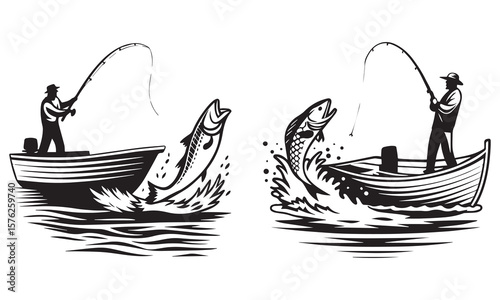 Fishing Man Catching Jumping Fish Silhouette vector 