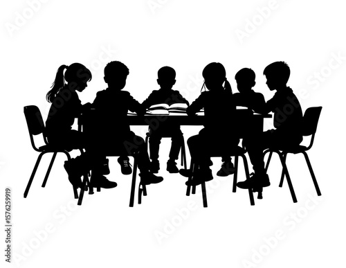 Six children engagingly read a book around a table, perfect for educational materials, storytelling, teaching resources, and diverse childhood themes.