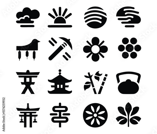 Minimal Japanese Icon Collection – Traditional Vector Symbols of Nature and Culture