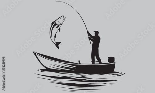 Fishing Man Catching Jumping Fish Silhouette vector 