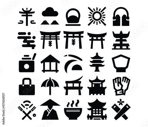 Traditional Japanese Symbols Vector Set – Iconic Culture Elements and Minimalist Black Silhouettes
