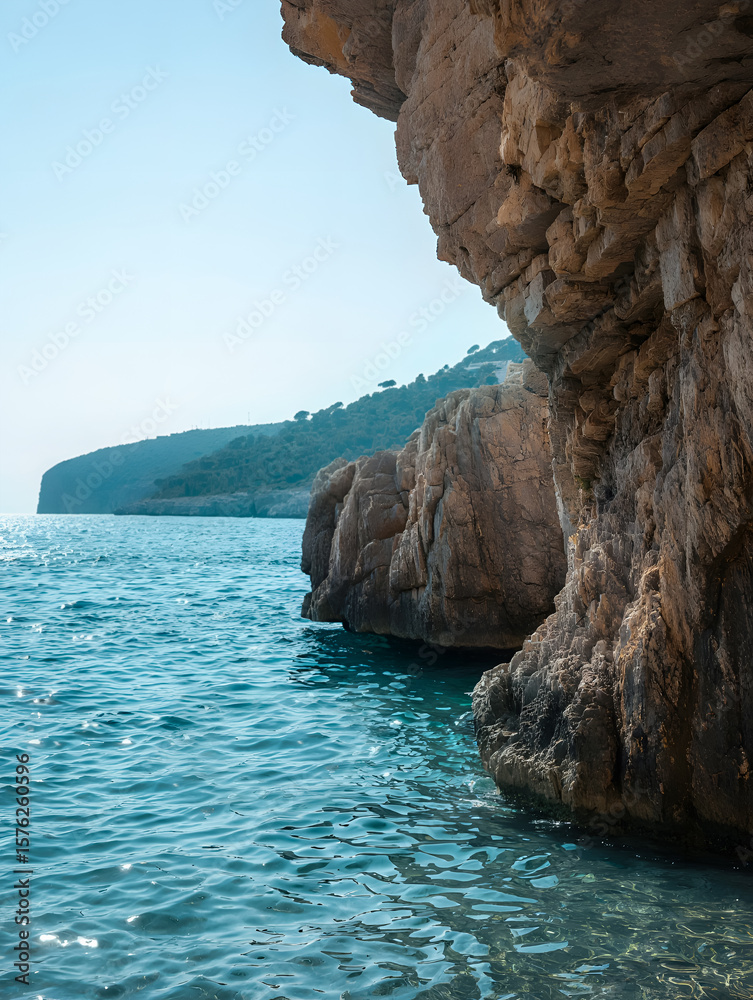 Fototapeta premium Photo of sunlight sparkles on the turquoise sea water next to a rugged cliff face