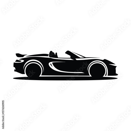 Sleek black sports car silhouette convertible isolated on white background
