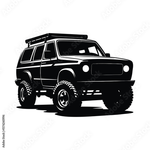 Black silhouette of a lifted off road suv with a roof rack isolated on white background silhouette