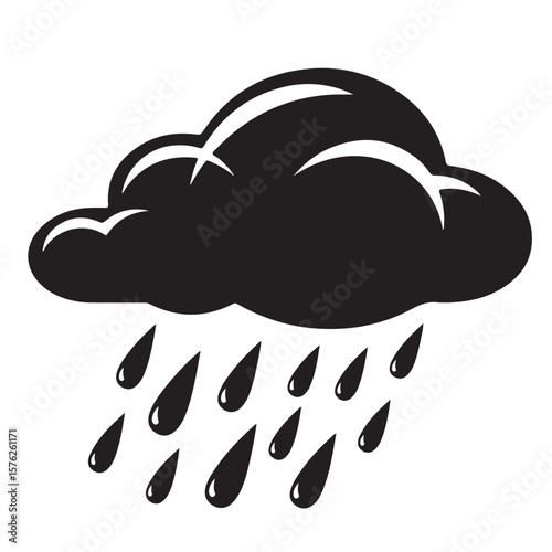 Illustration of a black rain cloud with raindrops against a white background