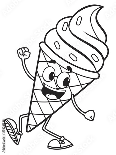 A cheerful ice cream cone character with eyes and a smile, doing a little dance. Drawn in simple black line art, no color, perfect for young children’s coloring pages