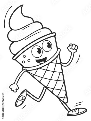 A cheerful ice cream cone character with eyes and a smile, doing a little dance. Drawn in simple black line art, no color, perfect for young children’s coloring pages