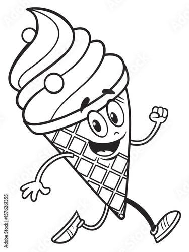 A cheerful ice cream cone character with eyes and a smile, doing a little dance. Drawn in simple black line art, no color, perfect for young children’s coloring pages