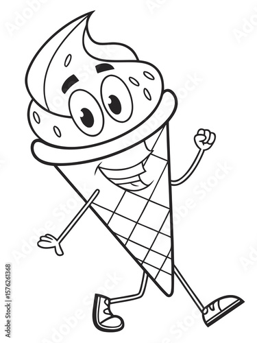 A cheerful ice cream cone character with eyes and a smile, doing a little dance. Drawn in simple black line art, no color, perfect for young children’s coloring pages