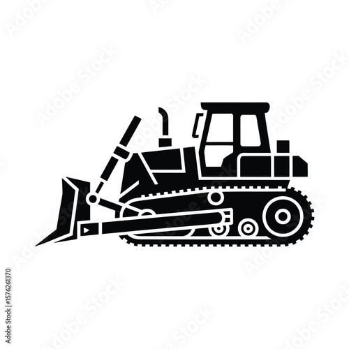 Black silhouette of a bulldozer moving earth isolated on white background