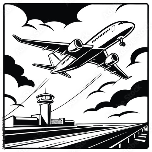 Wallpaper Mural Black and white drawing of an airplane flying over a runway with a control tow Torontodigital.ca