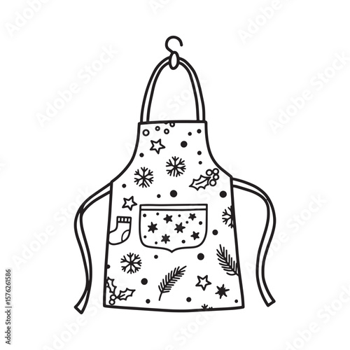 Festive christmas apron with decorations of stars snowflakes holly and pocket with socks