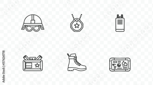 Collection of military and tactical equipment icons including helmet dog tag radio id card boot and map silhouette