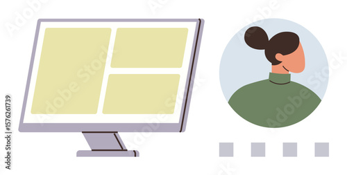 Computer monitor with a grid-thumbs up dashboard layout and a user profile avatar in a minimalist style. Ideal for account creation, user interaction, online management, system interface, tech