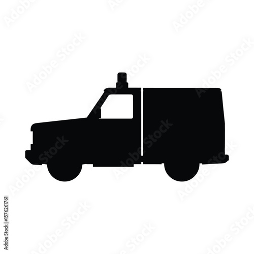 Black silhouette of an ambulance vehicle with a light on top isolated on white background silhouette