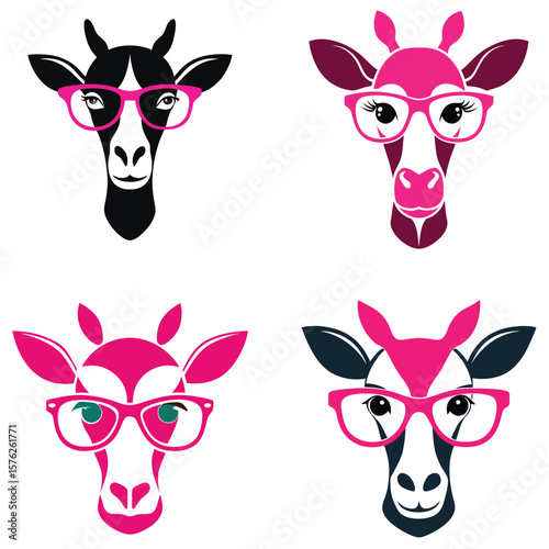 Four stylized giraffe heads wearing pink glasses animal illustration 2