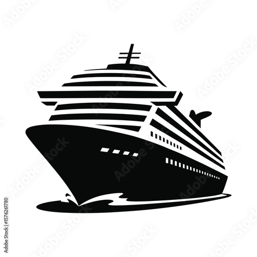 Black silhouette of a large cruise ship sailing on water isolated on white background silhouette