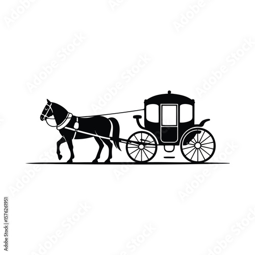 Black silhouette of a horse pulling a carriage isolated on white background silhouette
