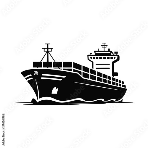 Black silhouette of a container cargo ship sailing on water isolated on white background silhouette