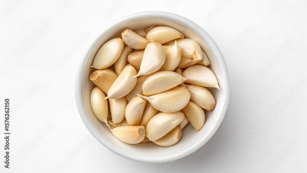 Overhead shot of peeled garlic cloves in a small white bowl; clean, bright, healthy food photography. Overhead shot of peeled garlic cloves in a small white bowl; clean, bright, healthy food photography.