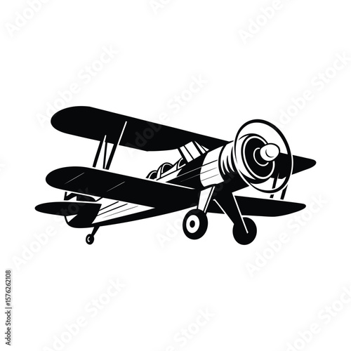 Vintage biplane aircraft silhouette isolated on white background