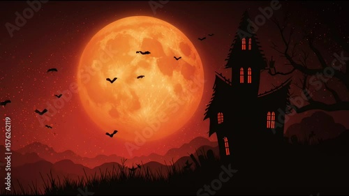 Eerie haunted house under a full orange moon