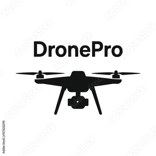 Dronepro logo silhouette of a quadcopter with camera isolated on white background
