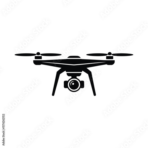 Black silhouette of a quadcopter drone with camera isolated on white background silhouette