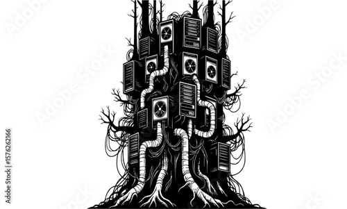 A surreal illustration depicts a treelike structure formed from interconnected computer servers and wires, symbolizing the fusion of technology and nature
