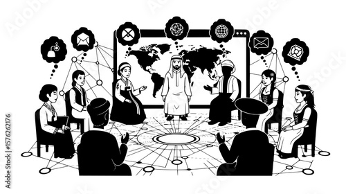 Diverse people from around the world connect digitally, forming a network around a global map, symbolizing international communication and collaboration