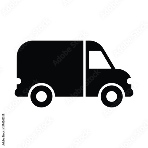 Black silhouette of a delivery van isolated on white background