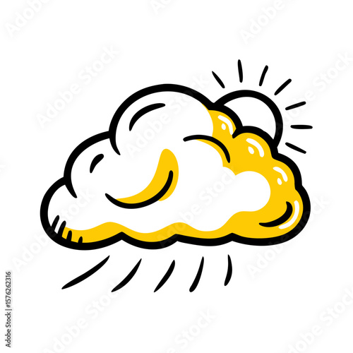 Cartoon cloud with sunlight and raindrops in yellow and white  