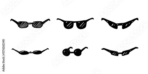 Set of 6 stylish hand drawn sunglasses doodles — various shapes and fun summer vibes. Ideal for seasonal design, print, social media posts, stickers and vacation graphics