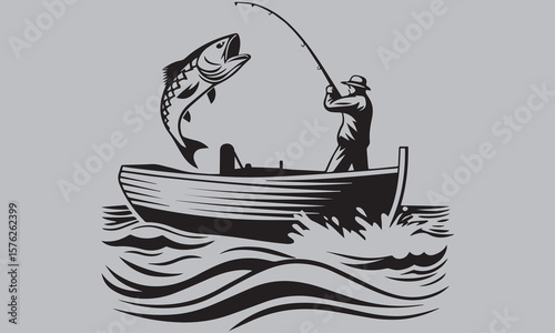 Fishing Man Catching Jumping Fish Silhouette vector 
