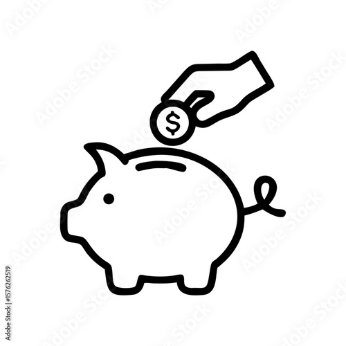 Hand placing coin into a piggy bank in minimal line art style  