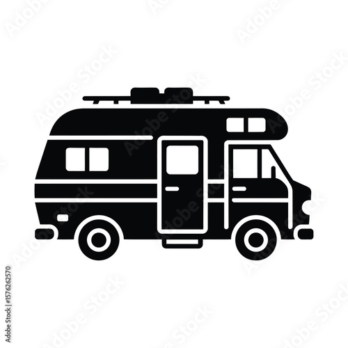 Black silhouette of a recreational vehicle or camper van isolated on white background silhouette
