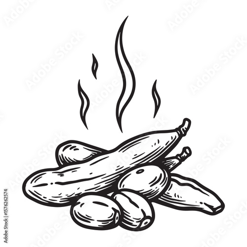 Hand drawn ink illustration of roasted beans and steaming vegetables representing fresh food.