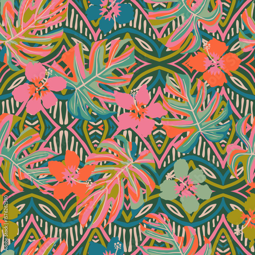 Hand drawn tropical flowers with ethnic backgrounds. Seamless floral patterns for fabric, textiles, clothing, packaging, cover, banner, wallpaper, interior decor. vector illustration.