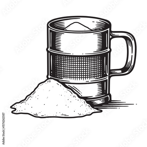 Hand drawn kitchen tool sifter and flour pile for baking and cooking related concepts