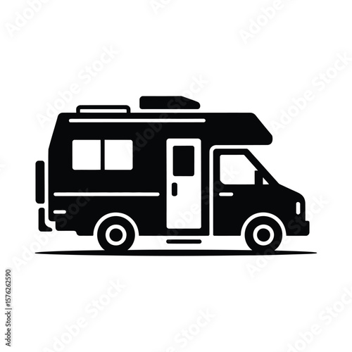 Black silhouette of a camper van rv vehicle isolated on white background