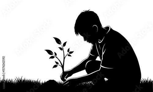 A young boy plants a sapling in the grass, silhouetted against a bright sky