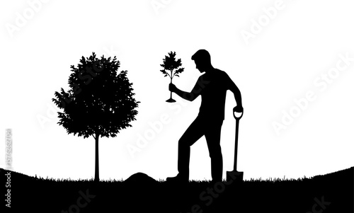 A man plants a sapling next to a mature tree, symbolizing growth and nature