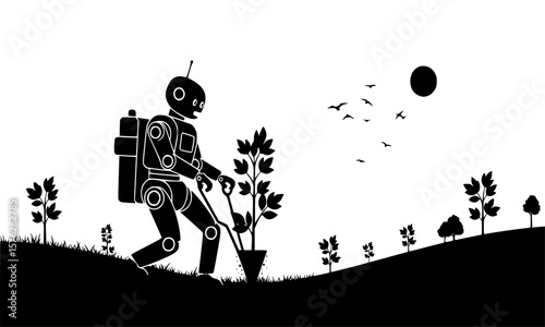 A robot plants a tree on a grassy hill under a sunny sky with birds flying