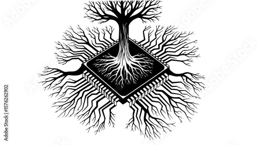 The roots of a tree grow from a computer chip, symbolizing the deep integration of technology and nature in the digital age