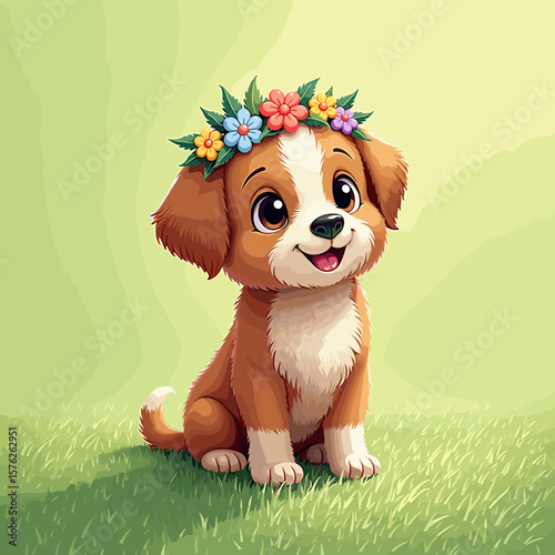 Puppy with floral wreath sitting on grass in a sunny background  
