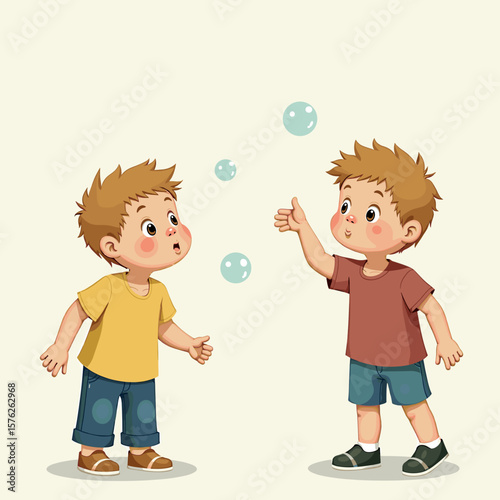 Two young boys playing with bubbles and smiling in light background  