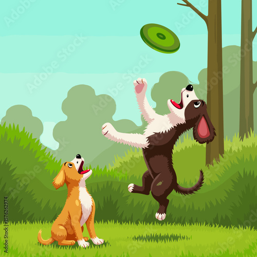 Dogs playing and jumping to catch green frisbee in grassy park  