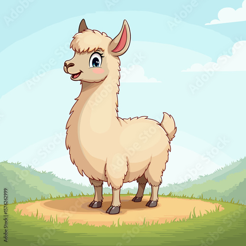 Cartoon llama standing in the grassy field with a cheerful expression  