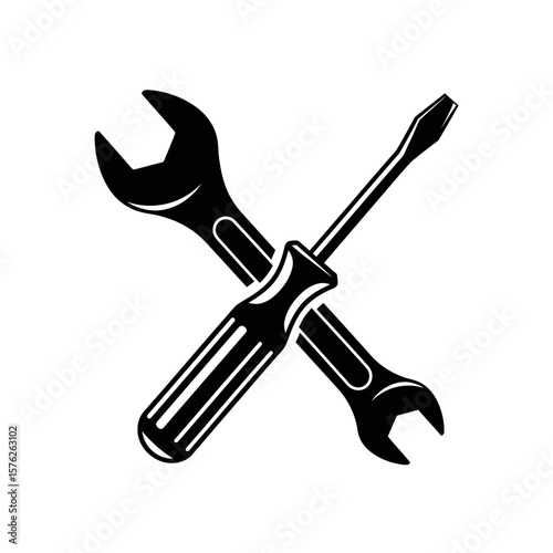 A black and white vector image of a wrench and screwdriver crossed over each