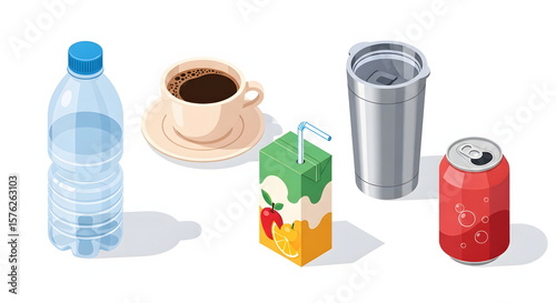 Various common beverages and drink containers in an isometric vector illustration, isolated on a white background with shadows.